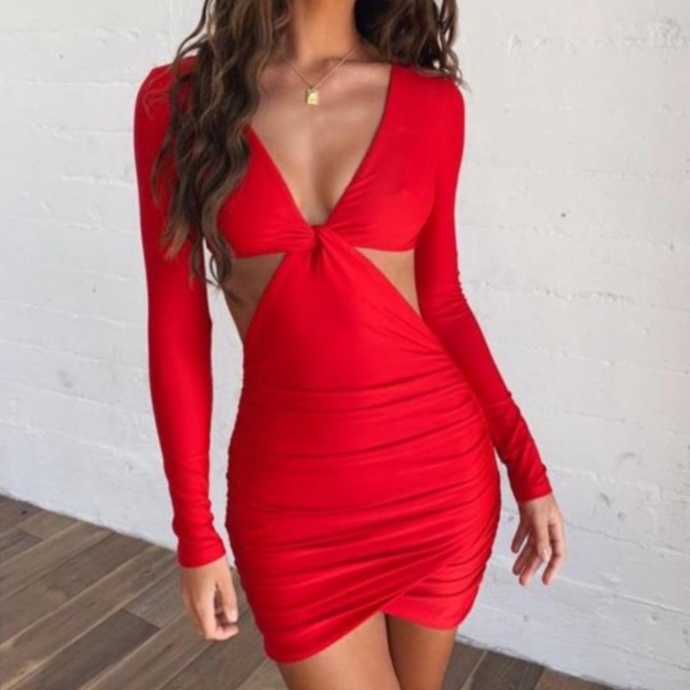 Tiger Mist Kya Red Ruched Cutout Bodycon Mini Dress Small